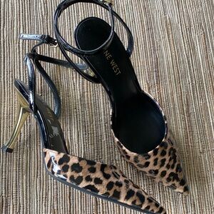Nine West Leopard Print Patent Leather Heels Gold Ankle Strap 8.0 NWT Zara